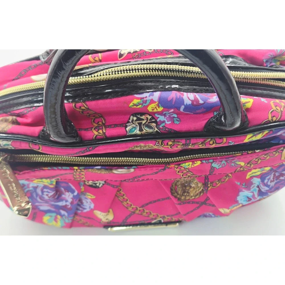 Betsey Johnson Y2K Pink Floral Chain Print Nylon Satchel Bag Black Patent‎ Trim